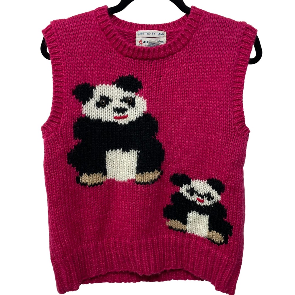 Vtg 80s Currants Hand Knit Pink Knitted Panda Bear Vest Chunky Statement‎ Rare